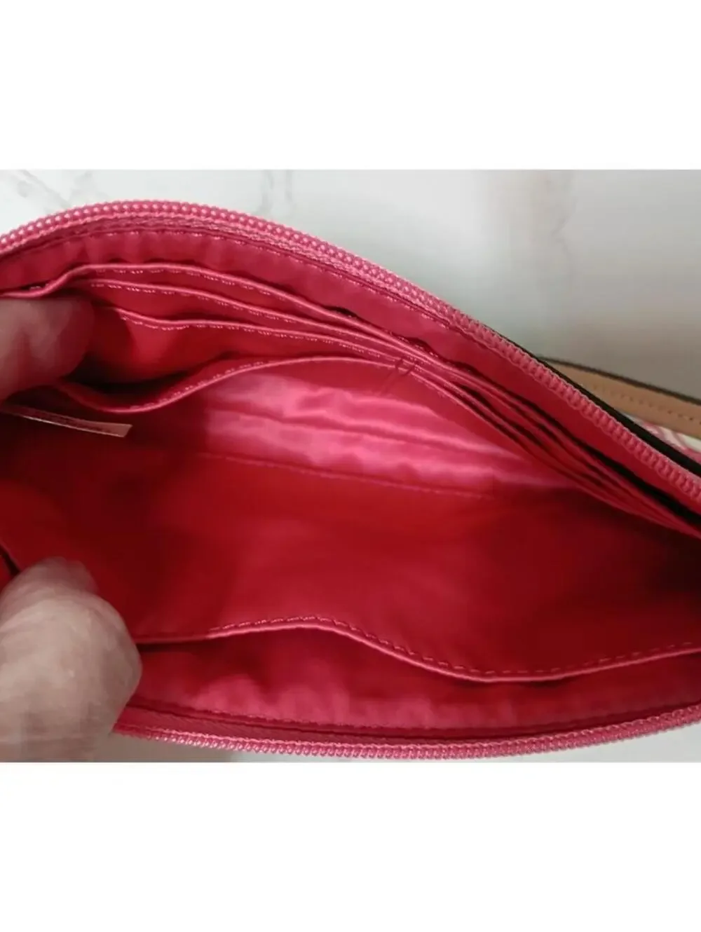 Coach Pink and White Signature Zip Wristlet Clutch